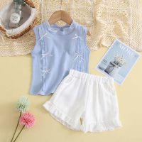2-piece Toddler Girl Solid Color Bowknot Decor Sleeveless Blouse & Matching Shorts  Blue
