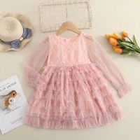 Summer new girls long-sleeved lace dress children's princess gauze dress baby fluffy cake dress  Pink