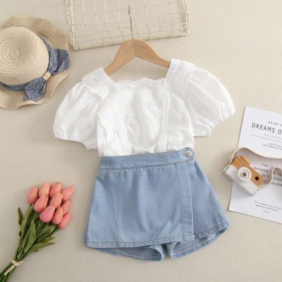 Summer new girls Korean fashion two-piece lace top and jeans suit