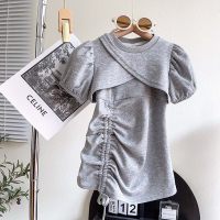 Summer new design niche sweet and spicy hollow casual two-piece suit for girls and middle-aged children  Gray