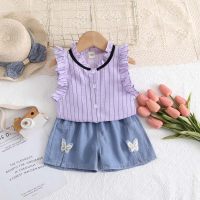 Summer Girls Striped Lotus Collar Flying Sleeve Button Shirt Butterfly Decoration Jeans Two-piece Set Girls Jeans Shorts Set  Purple