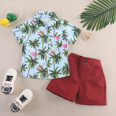 2-piece Toddler Boy Allover Coconut Tree and Flamingo Printed Short Sleeve Shirt & Solid Color Shorts