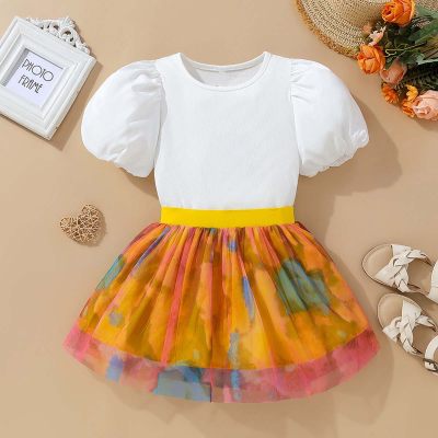 2-piece Toddler Girl Solid Color Short Puff Sleeve Top & Floral Mesh Patchwork Skirt