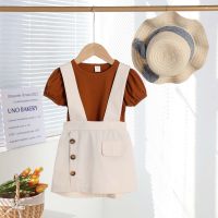 Girls Suit Summer Dress Baby Bubble Sleeve T-shirt Strap Two-piece Fake Pocket Dress Suit  Brown