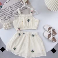 New summer little girl fresh embroidery suit girls camisole + skirt two-piece suit  Apricot
