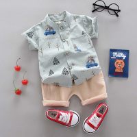 Sommer dünnes Säuglings- und Kleinkind-Set, Cartoon-Panda-Auto, kurzärmeliges Hemd, zweiteiliges Set  Hellgrün