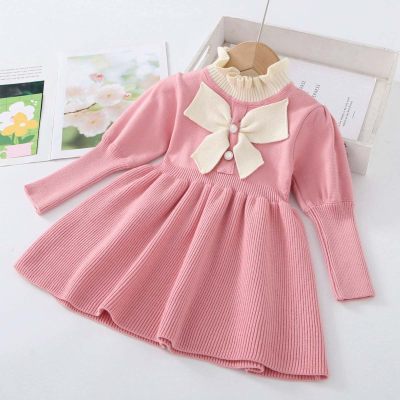 Toddler Girl Solid Collar Stand Up Collar Bowknot Front Gigot Sleeve Knitted Dress