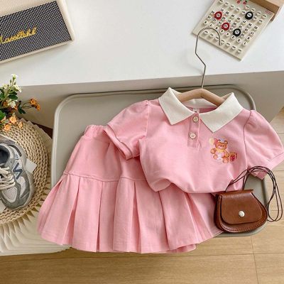 Girls summer suit college style children's fashionable cute bear short-sleeved baby girl summer skirt two-piece suit
