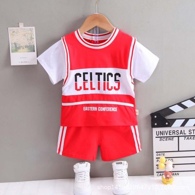 2-piece Toddler Boy Pure Cotton 2 in 1 Color-block Letter Printed Short Sleeve T-shirt & Matching Shorts