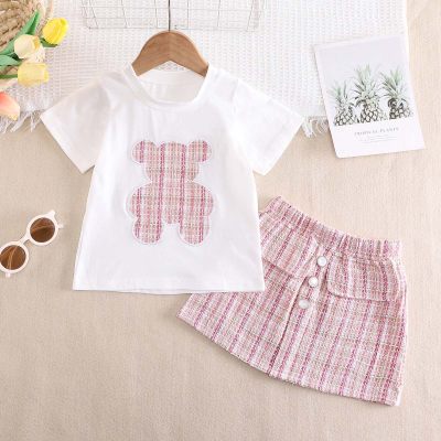 Pulôver de urso infantil de verão, camiseta de manga curta estilo Chanel com bolso falso e saia terno