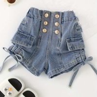 Einfarbige Denim-Shorts mit Knopfleiste für Kleinkinder und Mädchen  Hellblau
