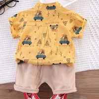 الصيف رقيقة بدلة طفل الكرتون الباندا سيارة قصيرة الأكمام قميص قطعتين البدلة  أصفر