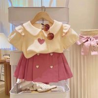 New summer girls suit cute love embroidered short sleeves and shorts two-piece suit  Apricot