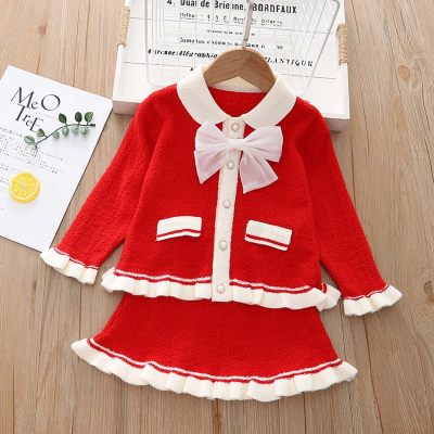 2-piece Toddler Girl Solid Color Lapel Ruffled Bowknot Decor Long Sleeve Cardigan & Matching Skirt