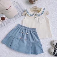 Girls' college style suits summer new round neck short-sleeved skirt pants baby cool breathable two-piece suit  Beige