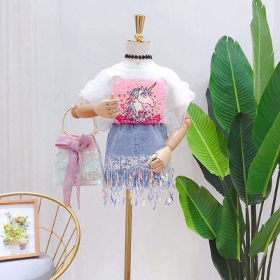 New summer small and medium girls fashion cartoon print lace top + denim sequin skirt set