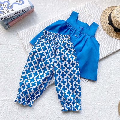 Abbigliamento per bambini estate nuova maglia senza maniche da ragazza + pantaloni casual set da due pezzi