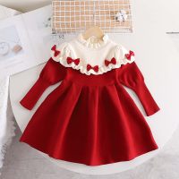 Toddler Girl Bow Ruffle Stitching Long Sweater Dress  Red
