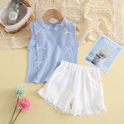 2-piece Toddler Girl Solid Color Bowknot Decor Sleeveless Blouse & Matching Shorts