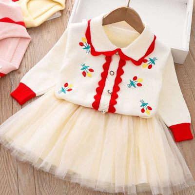 2-piece Toddler Girl Cherry Pattern Lapel Long Sleeve Cardigan & Mesh Patchwork Skirt