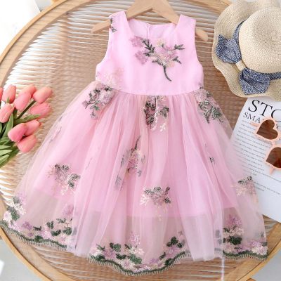 Toddler Girl Floral Embroidered Mesh Patchwork Sleeveless Dres