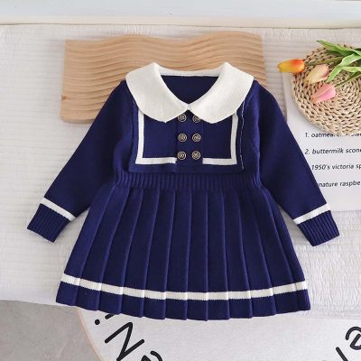 Toddler Girl Pullover With Lapel Long Sleeve Sweater Dress