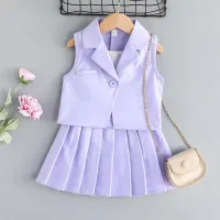 Girls' suspender top + vest jacket + skirt three-piece suit Girls' fashionable pleated skirt suit  Violet