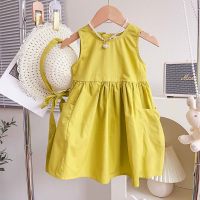 Einfarbiges, ärmelloses Kleid für Kleinkinder und Mädchen mit Seitentaschen  Gelb