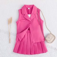 Girls' suspender top + vest jacket + skirt three-piece suit Girls' fashionable pleated skirt suit  Hot Pink