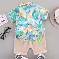 Children's short-sleeved floral shirt boys 2024 summer new style boys casual suit  Green