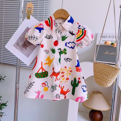 Vestido de camisa fina para meninas verão novo estilo elegante vestido de camisa arco-íris para bebês