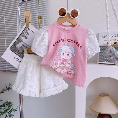 Girls short-sleeved suit summer new sweet and cute cartoon lamb T-shirt + shorts two-piece suit