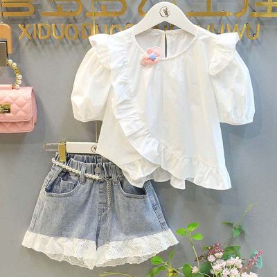 New summer girls' suit puff sleeve shirt and lace denim shorts