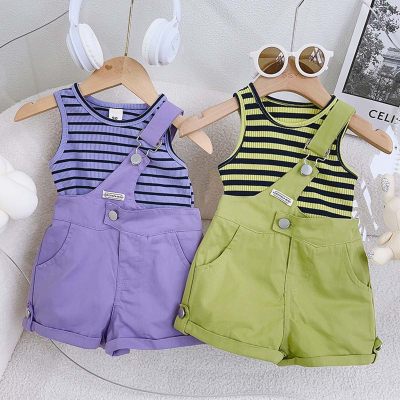 Girls suspender set 2024 summer new style short-sleeved vest little girl pants two-piece set