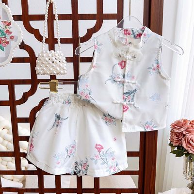 New girls retro stand collar button suit summer new floral two-piece suit