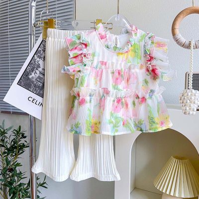 Girls Summer Suit Floral Shirt Top Sleeveless Babydoll Sweater Fashionable Pants Two-piece Set