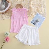 2-piece Toddler Girl Solid Color Bowknot Decor Sleeveless Blouse & Matching Shorts  Pink