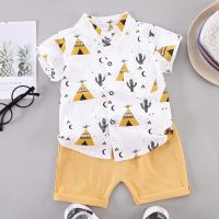 بدلة أطفال للأولاد والرضع قميص بأكمام قصيرة بدلة كارتونية غير رسمية مكونة من قطعتين  أصفر