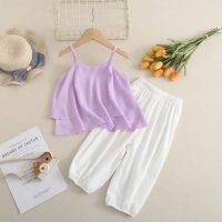 2024 girls new style chiffon halter top and pants two-piece set  Purple