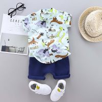 Boys baby suit shirt short-sleeved suit cartoon casual two-piece suit  Light Green