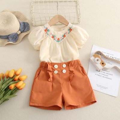2024 spring and summer new girls' suit, fashionable embroidered collar top and shorts two-piece set