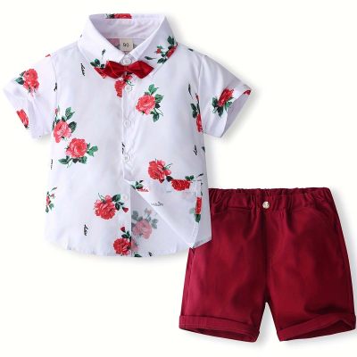 New Men's Print Letter Rose Gentleman's Shirt Red Pants Boys Suit With Bow Tie Button Shorts Kids Set