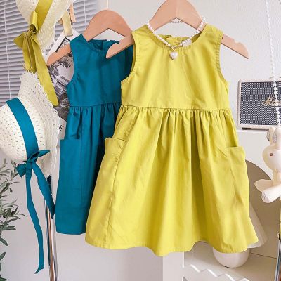 Toddler Girl Solid Color Side Pocket Sleeveless Dress