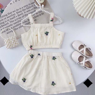 New summer little girl fresh embroidery suit girls camisole + skirt two-piece suit