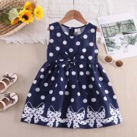 Toddler Girl Pure Cotton Polka Dotted Bowknot Printed Sleeveless Dress  Navy Blue