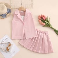 Girls' suspender top + vest jacket + skirt three-piece suit Girls' fashionable pleated skirt suit  Pink