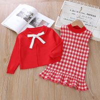 2-piece Toddler Girl Solid Color Bow Decorated Cardigan Sweater & Plaid Sleeveless Dress  Red