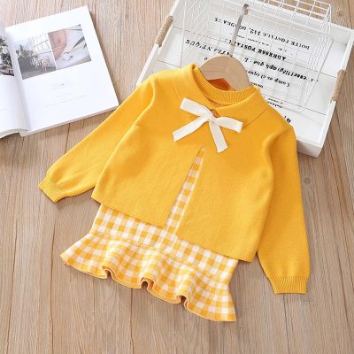 2-piece Toddler Girl Solid Color Bow Decorated Cardigan Sweater & Plaid Sleeveless Dress