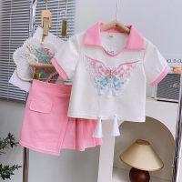 Girls suits summer new style little girl stylish short-sleeved pleated skirt two-piece suit  Pink