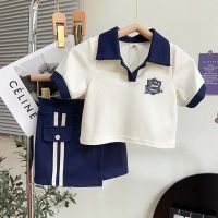 Girls summer suits new style fashionable and stylish girls children's short-sleeved shorts two-piece suit  Navy Blue